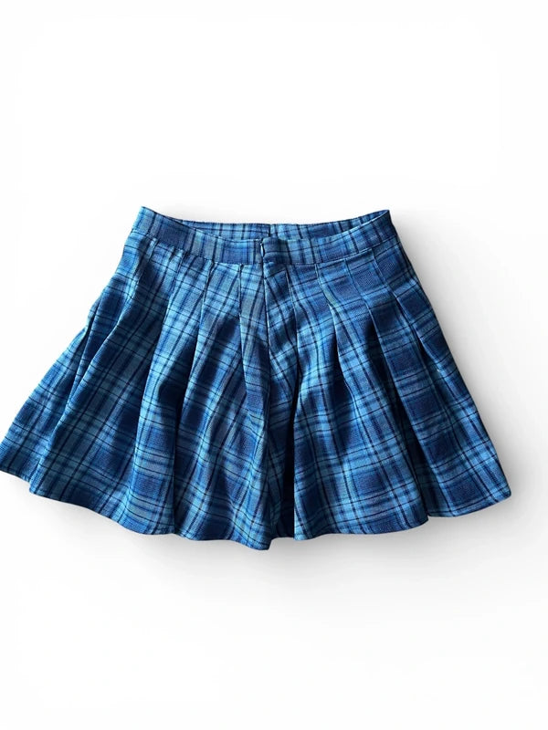 Minigonna a pieghe check azzurro-blu