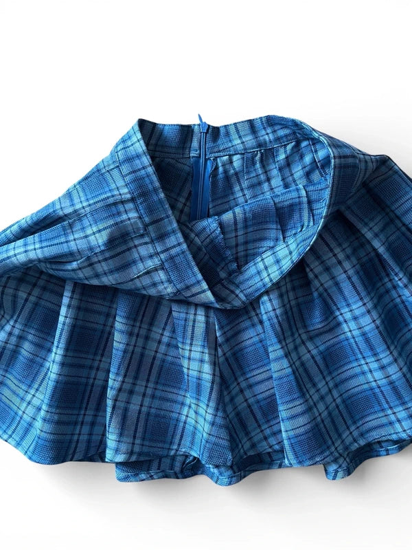 Minigonna a pieghe check azzurro-blu