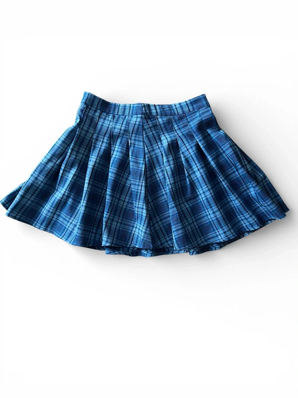 Minigonna a pieghe check azzurro-blu
