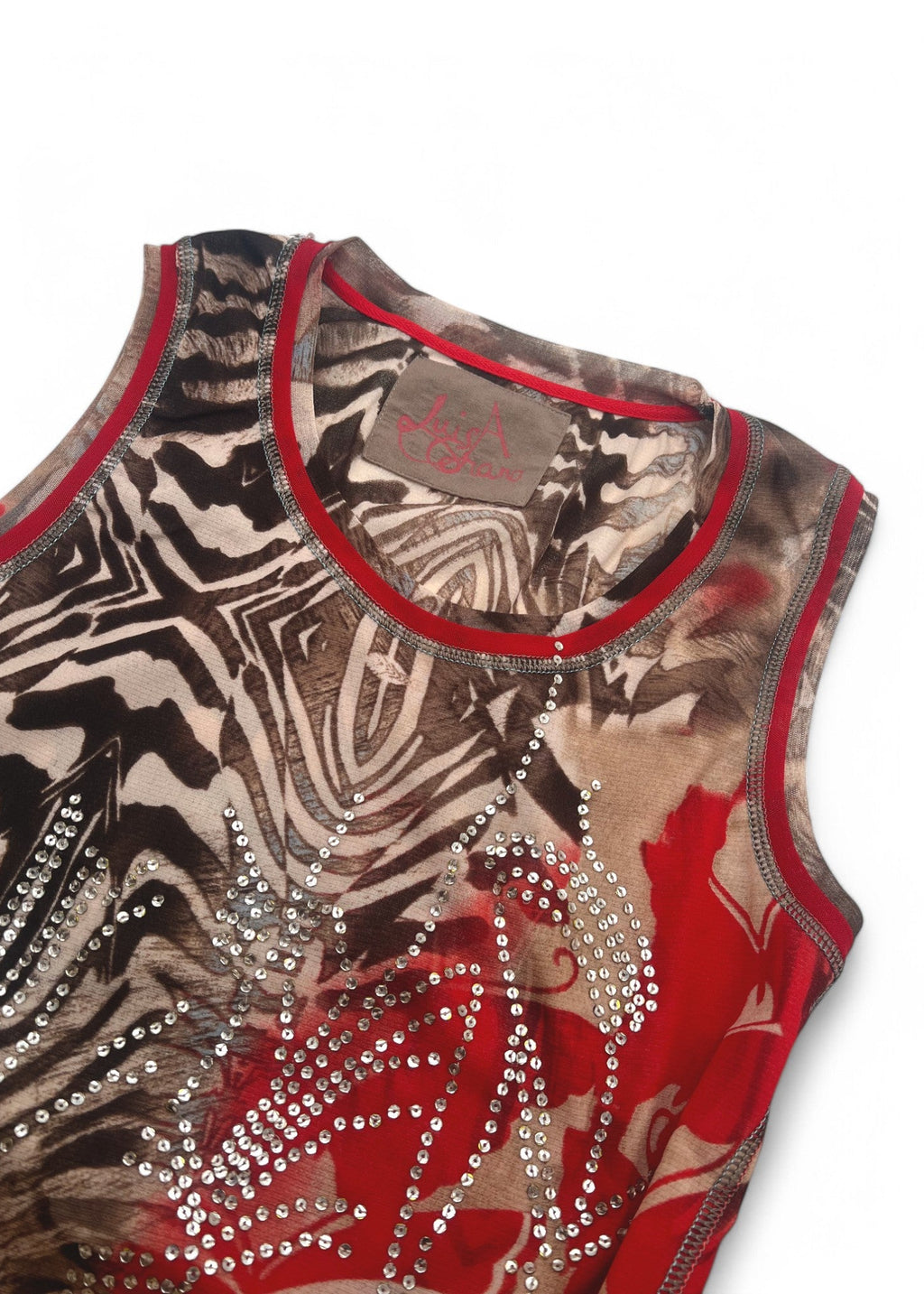 Top vintage in mesh stampato con pailettes