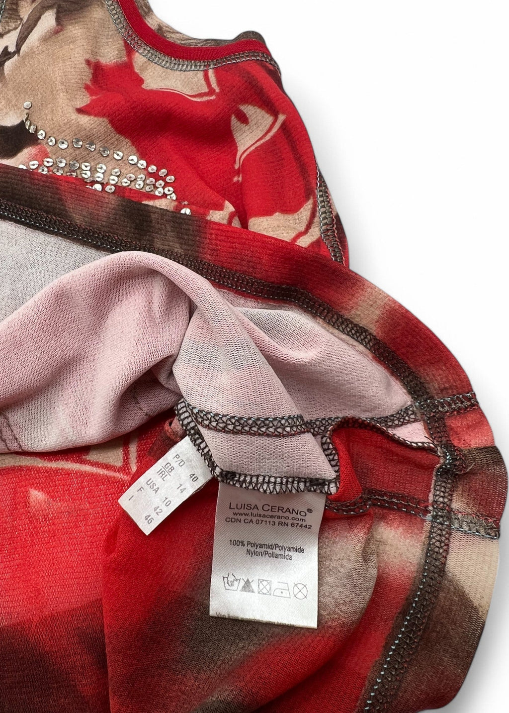 Top vintage in mesh stampato con pailettes