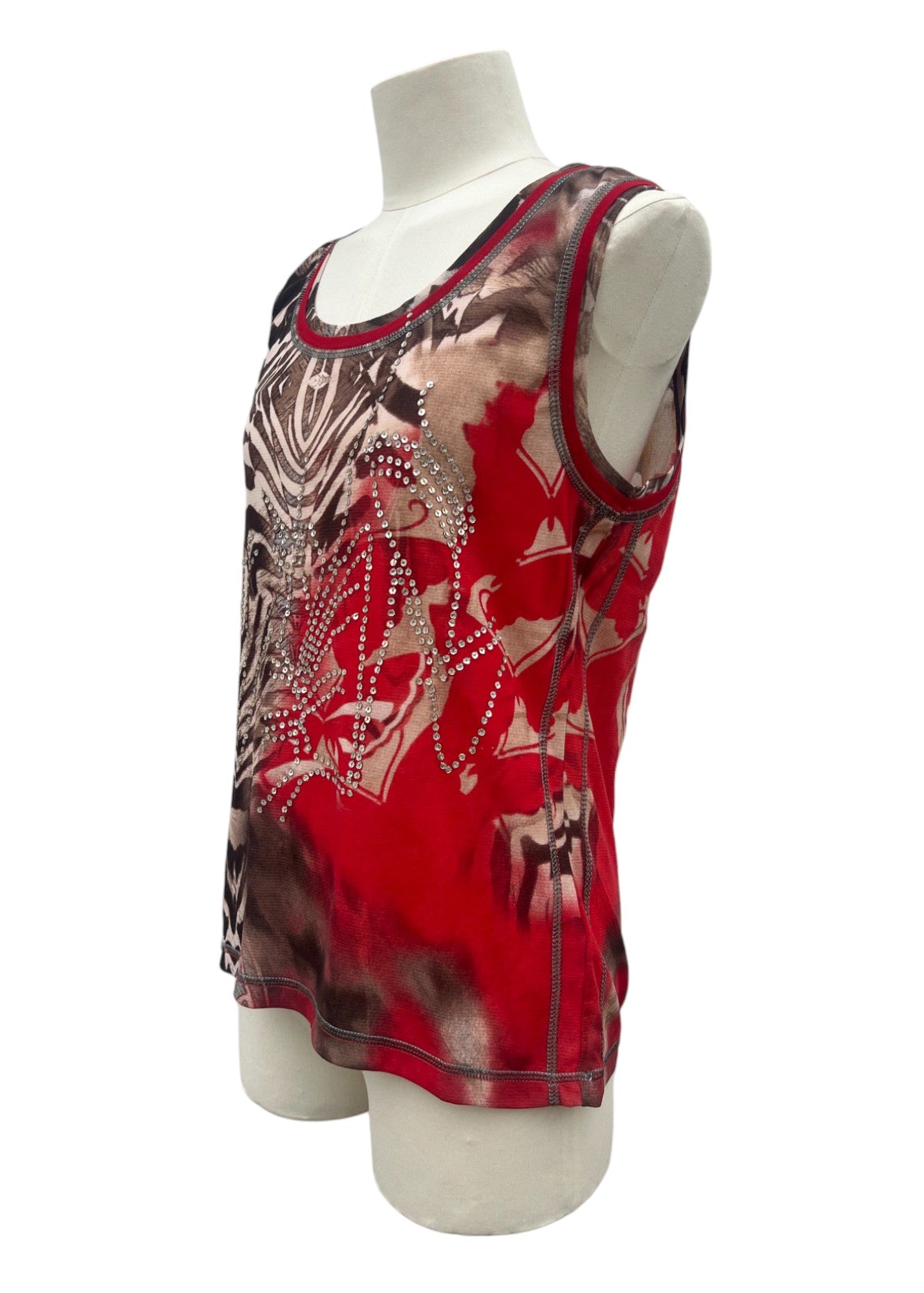 Top vintage in mesh stampato con pailettes