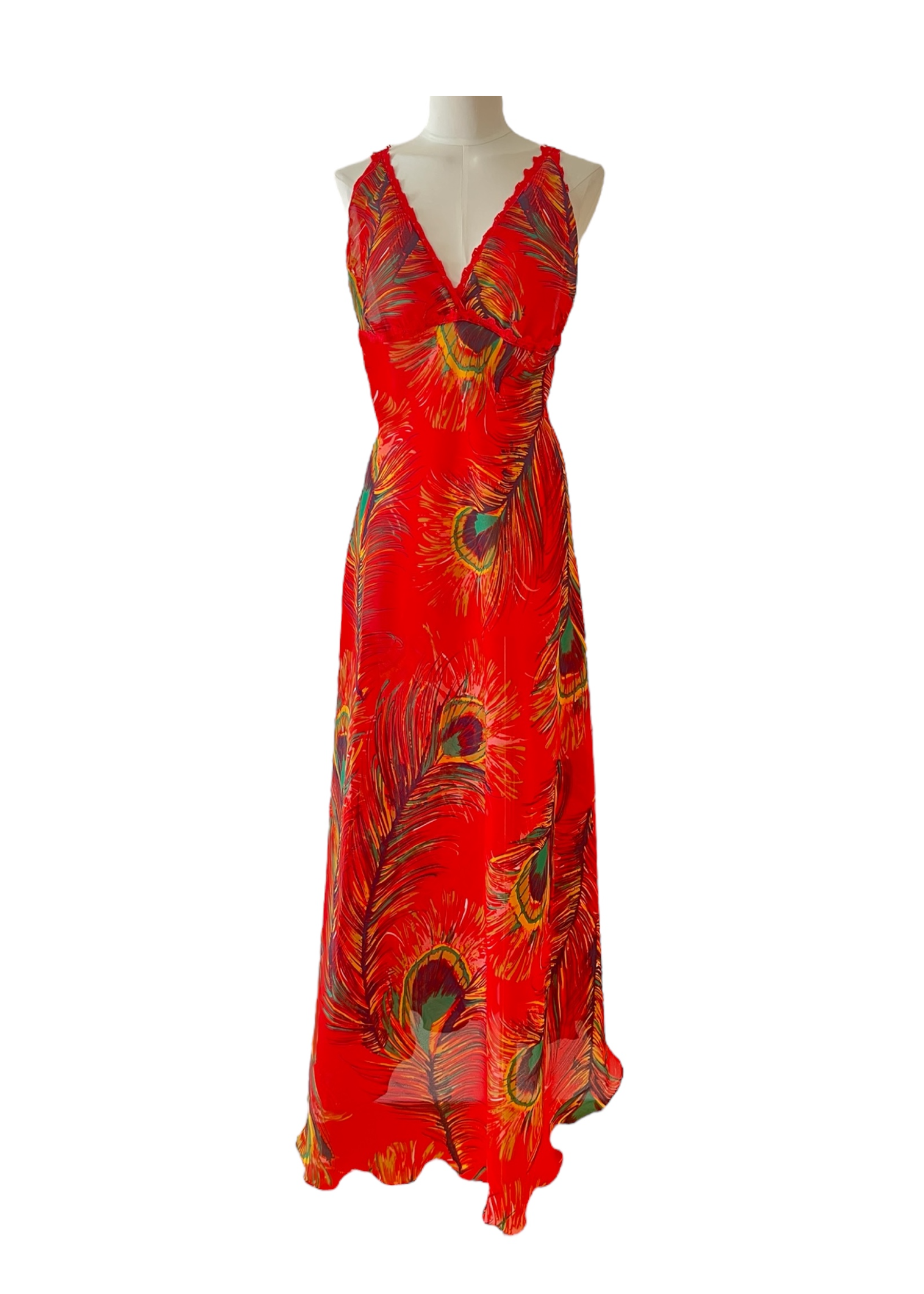 Abito estivo vintage rosso con stampa piume di pavone