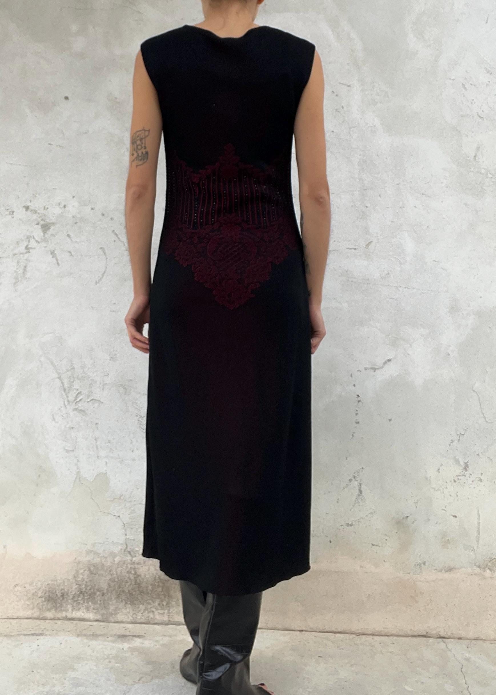 Abito vintage Escada lungo in maglia jacquard nero e rosso