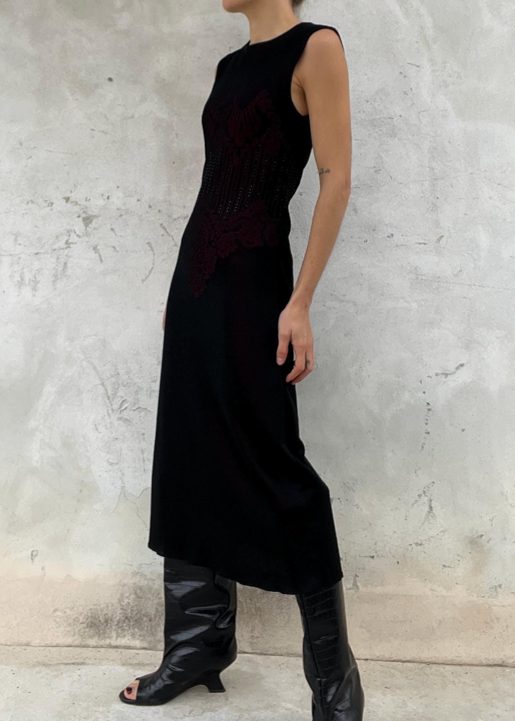 Abito vintage Escada lungo in maglia jacquard nero e rosso