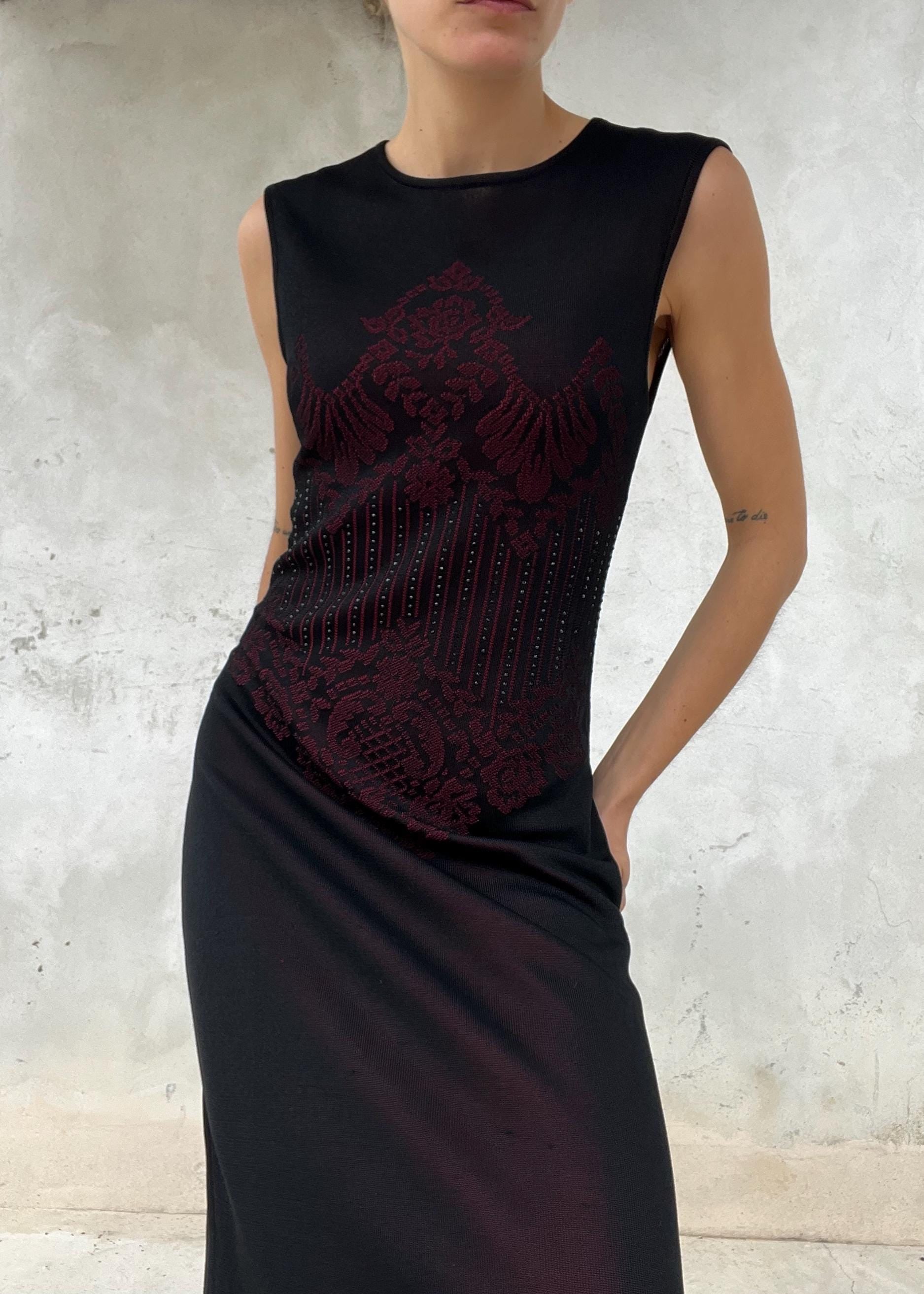 Abito vintage Escada lungo in maglia jacquard nero e rosso