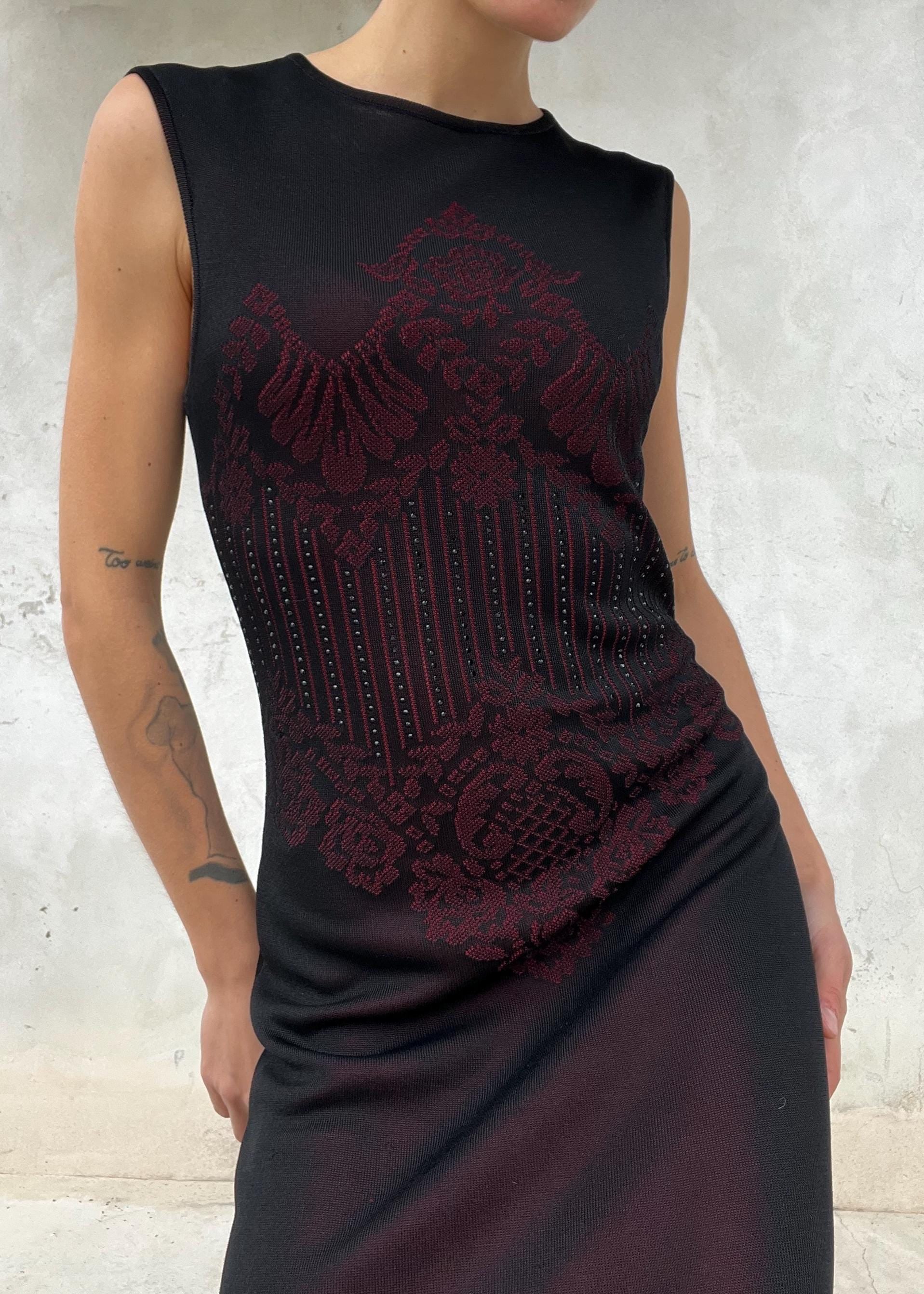 Abito vintage Escada lungo in maglia jacquard nero e rosso