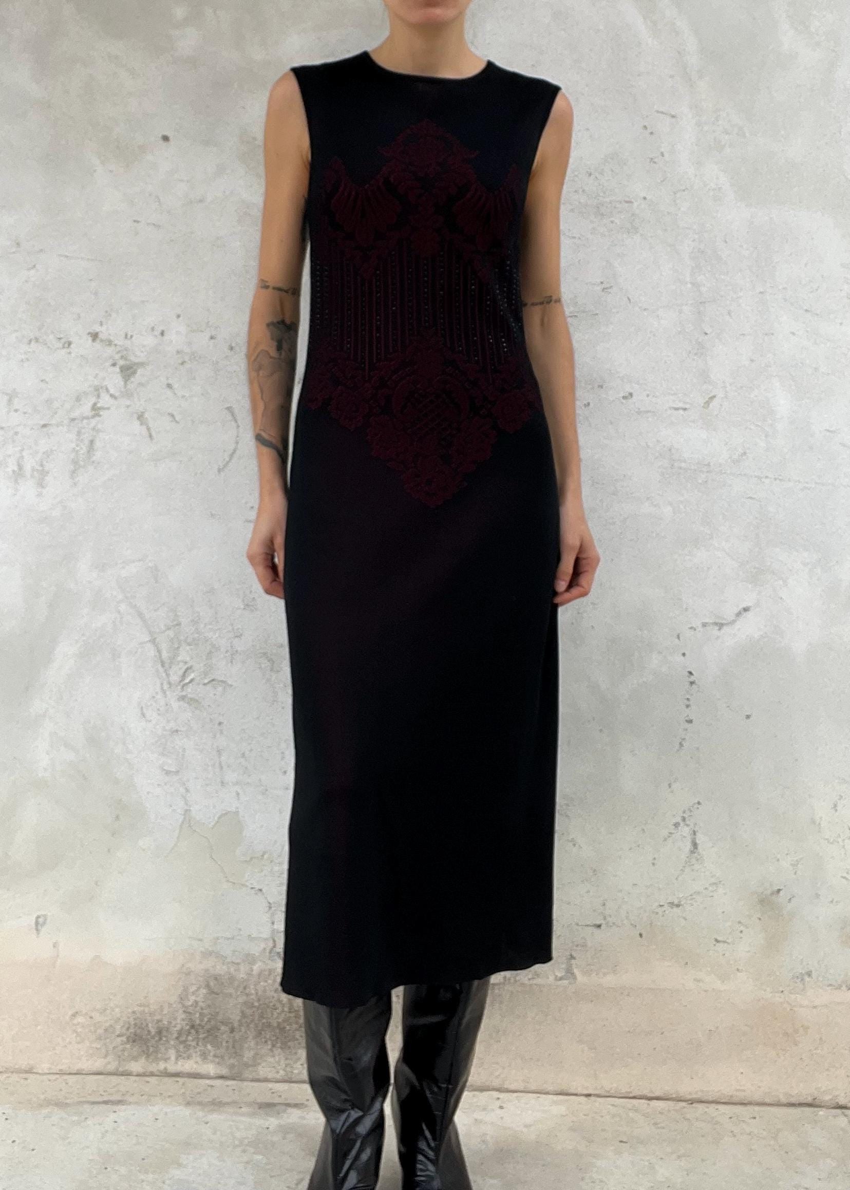 Abito vintage Escada lungo in maglia jacquard nero e rosso