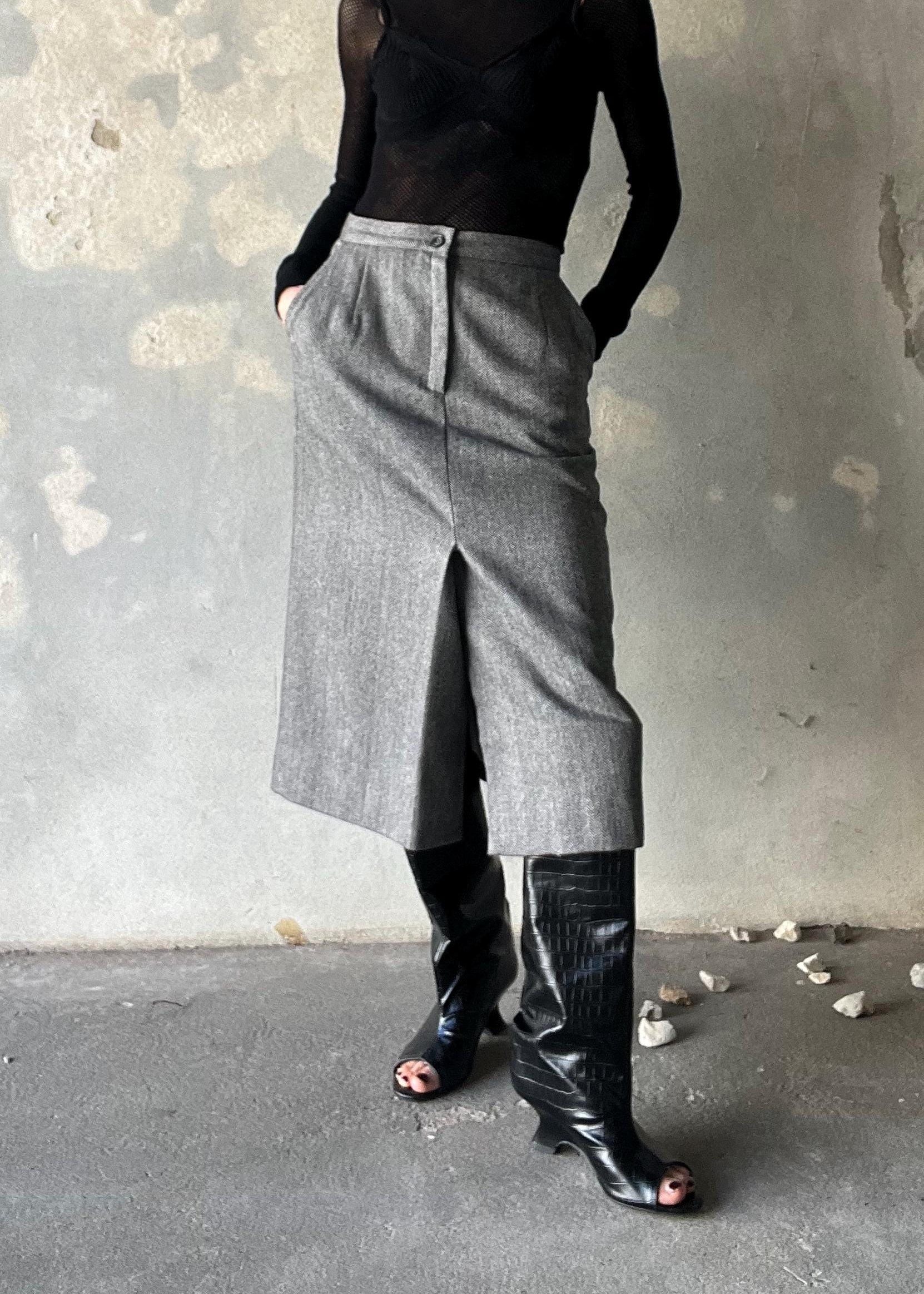 Gonna invernale midi con tessuto spina di pesce